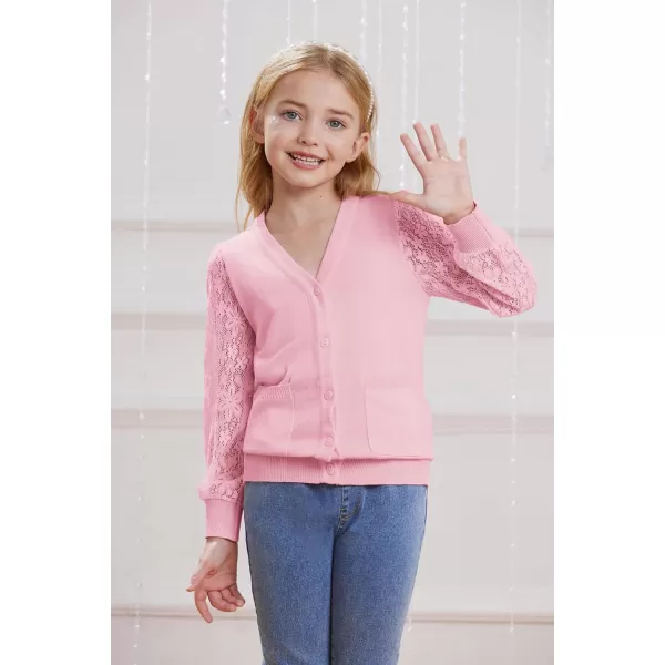 GRACE KARIN Girls Cardigan School Uniforms Hollow Knit Long Sleeve Button Sweater for 512YLight Pink 1