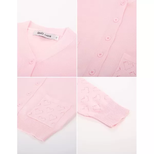 GRACE KARIN Girls Cardigan School Uniforms Hollow Knit Long Sleeve Button Sweater for 512YLight Pink