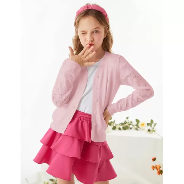 GRACE KARIN Girls Cardigan School Uniforms Hollow Knit Long Sleeve Button Sweater for 512YLight Pink