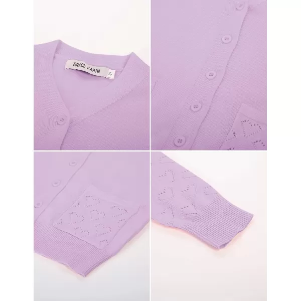GRACE KARIN Girls Cardigan School Uniforms Hollow Knit Long Sleeve Button Sweater for 512YLight Purple