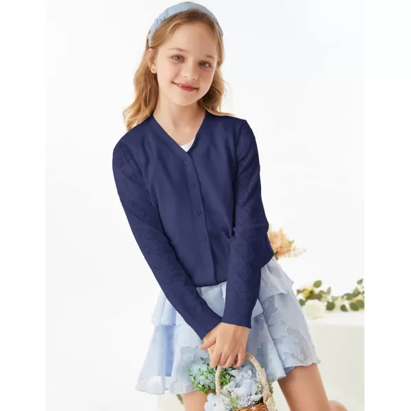 GRACE KARIN Girls Cardigan School Uniforms Hollow Knit Long Sleeve Button Sweater for 512YNavy Blue