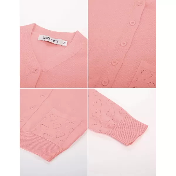 GRACE KARIN Girls Cardigan School Uniforms Hollow Knit Long Sleeve Button Sweater for 512YOrange Pink