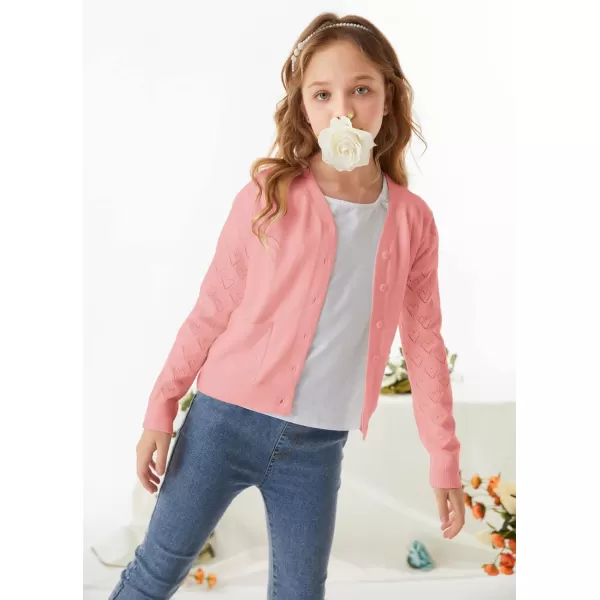 GRACE KARIN Girls Cardigan School Uniforms Hollow Knit Long Sleeve Button Sweater for 512YOrange Pink