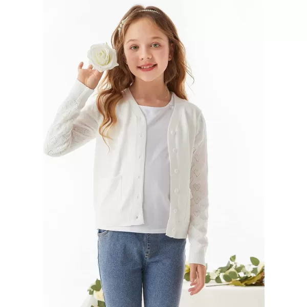 GRACE KARIN Girls Cardigan School Uniforms Hollow Knit Long Sleeve Button Sweater for 512YWhite