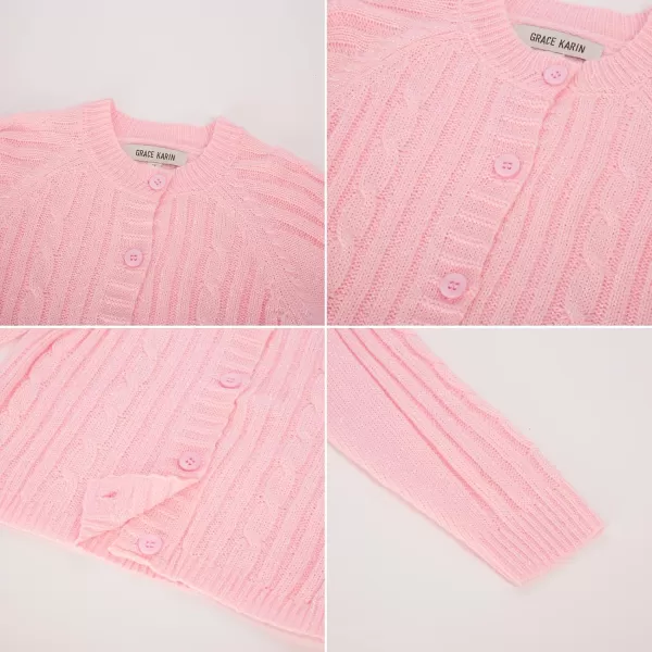 GRACE KARIN Girls Cardigan Sweater Long Sleeve Cable Knit Solid Sparkle 412YPink