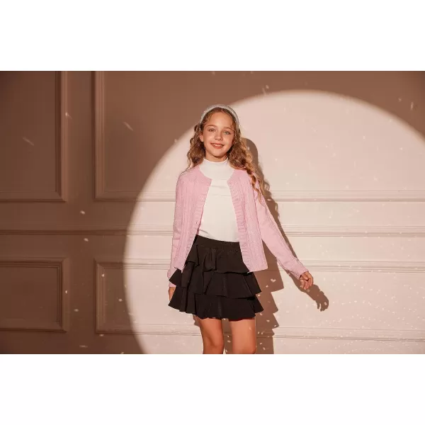 GRACE KARIN Girls Cardigan Sweater Long Sleeve Cable Knit Solid Sparkle 412YPink