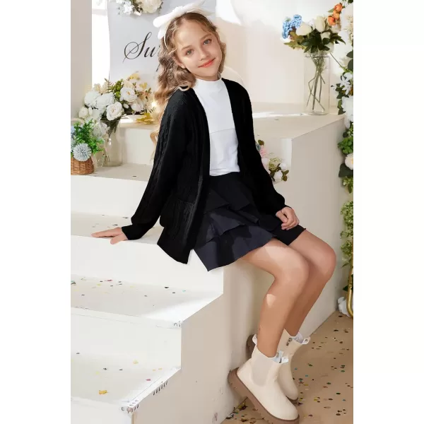 GRACE KARIN Girls Cardigan Sweaters Open Front Long Sleeve Knit Outwear with Pockets 512YBlack