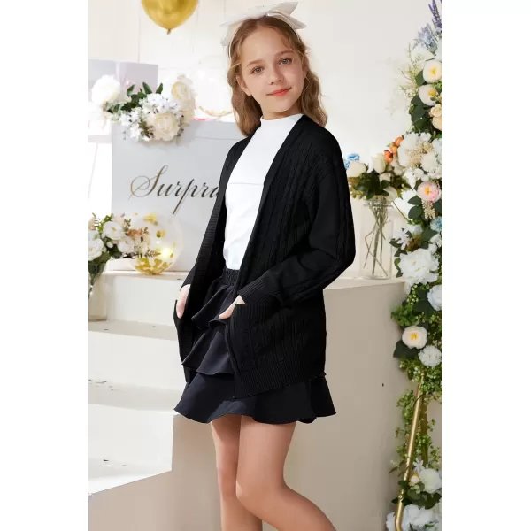 GRACE KARIN Girls Cardigan Sweaters Open Front Long Sleeve Knit Outwear with Pockets 512YBlack