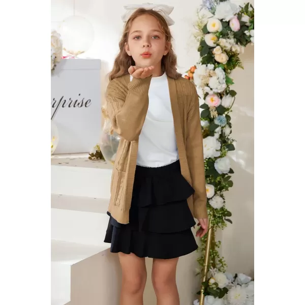 GRACE KARIN Girls Cardigan Sweaters Open Front Long Sleeve Knit Outwear with Pockets 512YKhaki