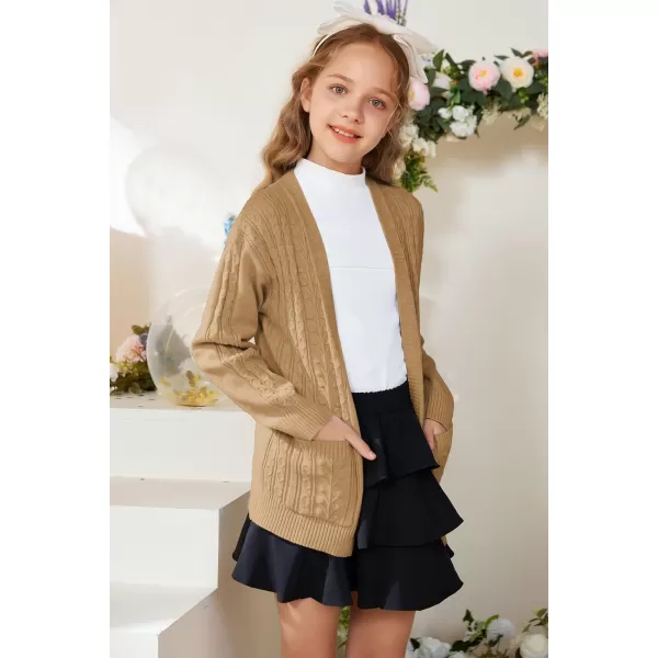 GRACE KARIN Girls Cardigan Sweaters Open Front Long Sleeve Knit Outwear with Pockets 512YKhaki