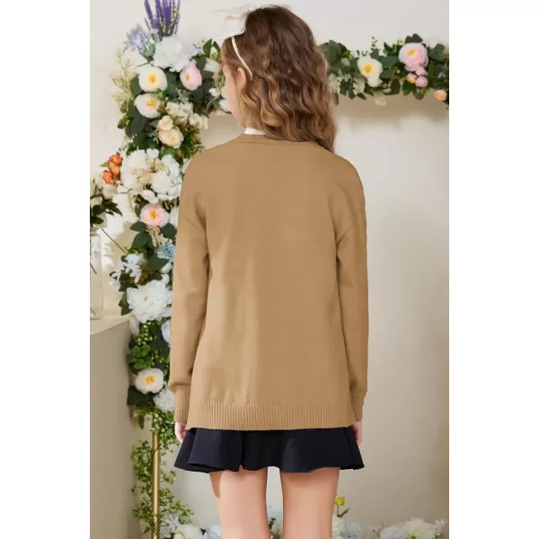 GRACE KARIN Girls Cardigan Sweaters Open Front Long Sleeve Knit Outwear with Pockets 512YKhaki