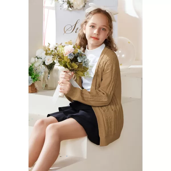 GRACE KARIN Girls Cardigan Sweaters Open Front Long Sleeve Knit Outwear with Pockets 512YKhaki
