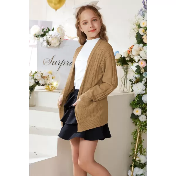 GRACE KARIN Girls Cardigan Sweaters Open Front Long Sleeve Knit Outwear with Pockets 512YKhaki