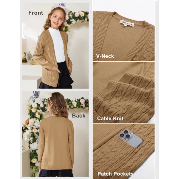 GRACE KARIN Girls Cardigan Sweaters Open Front Long Sleeve Knit Outwear with Pockets 512YKhaki