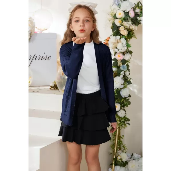 GRACE KARIN Girls Cardigan Sweaters Open Front Long Sleeve Knit Outwear with Pockets 512YNavy Blue