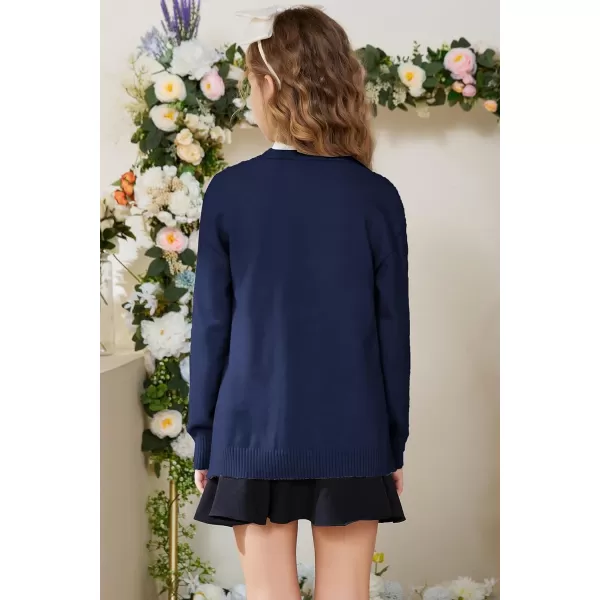 GRACE KARIN Girls Cardigan Sweaters Open Front Long Sleeve Knit Outwear with Pockets 512YNavy Blue