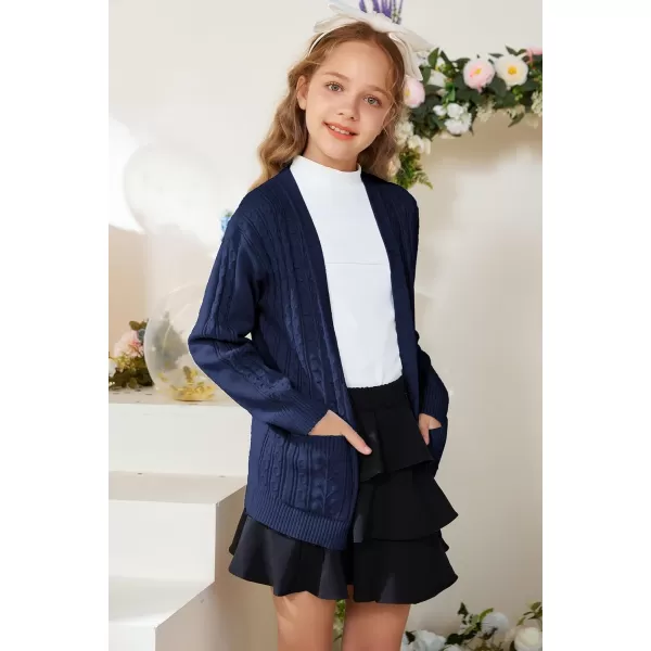 GRACE KARIN Girls Cardigan Sweaters Open Front Long Sleeve Knit Outwear with Pockets 512YNavy Blue