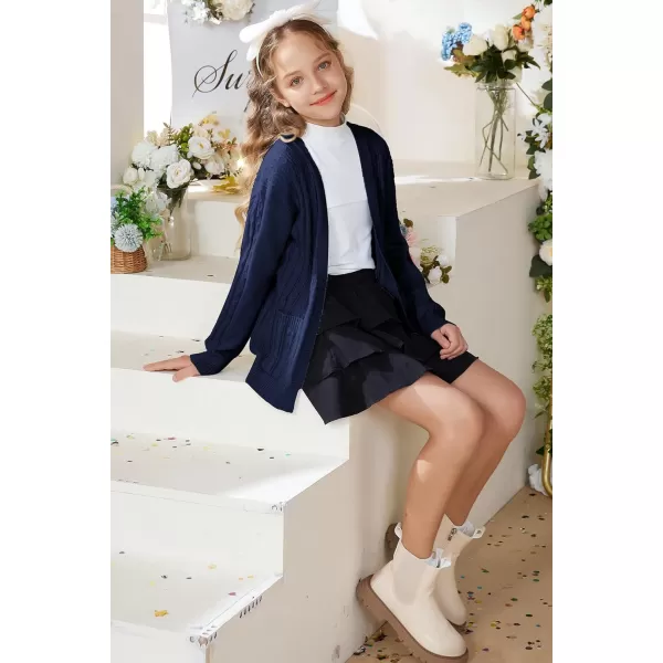 GRACE KARIN Girls Cardigan Sweaters Open Front Long Sleeve Knit Outwear with Pockets 512YNavy Blue