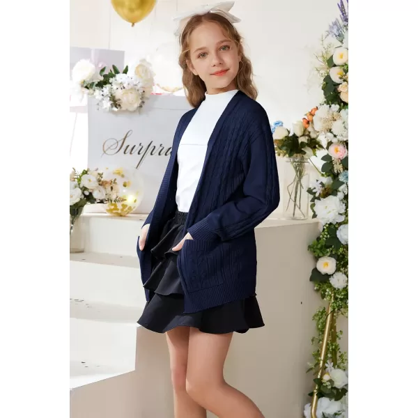 GRACE KARIN Girls Cardigan Sweaters Open Front Long Sleeve Knit Outwear with Pockets 512YNavy Blue