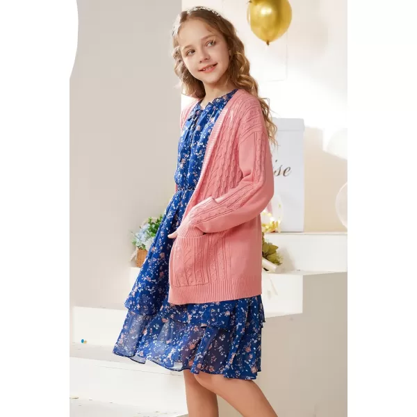 GRACE KARIN Girls Cardigan Sweaters Open Front Long Sleeve Knit Outwear with Pockets 512YPink