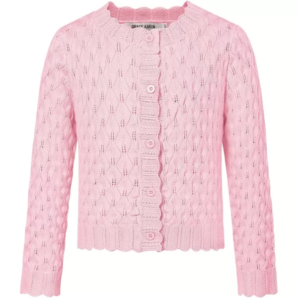 GRACE KARIN Girls Cropped Cardigan Sweaters Long Sleeve Cable Knit Button Front Sweater 512YLight Pink