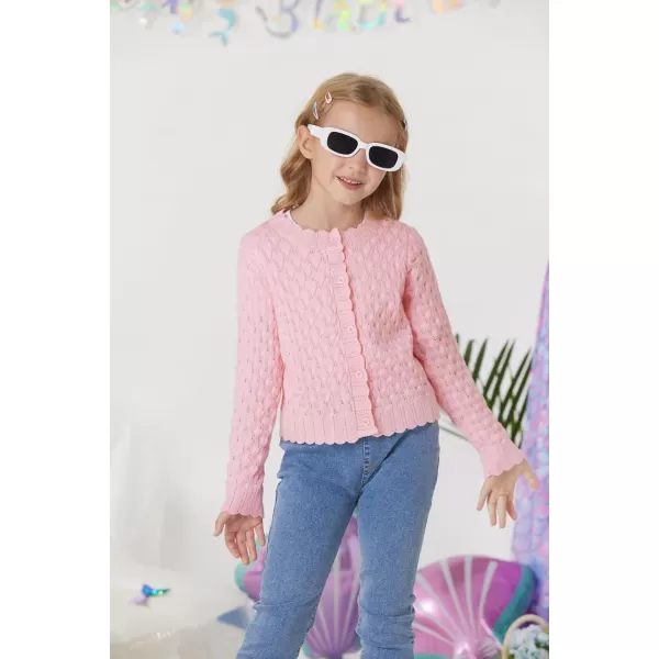 GRACE KARIN Girls Cropped Cardigan Sweaters Long Sleeve Cable Knit Button Front Sweater 512YLight Pink