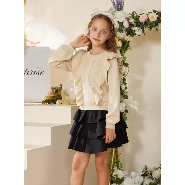 GRACE KARIN Girls Cute Sweater Long Sleeve Ruffled Pullover Sweater for Girls 512YApricot
