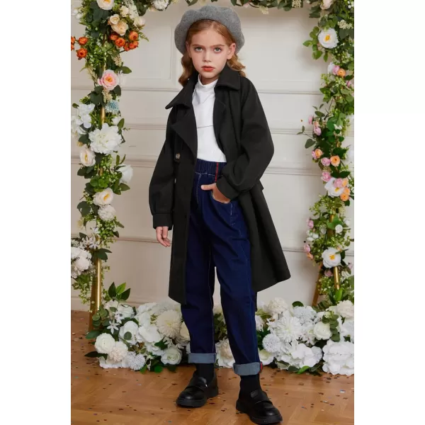 GRACE KARIN Girls Dress Coat Lapel Wool Blend Long Winter Jackets with Pockets Belt 614YBlack