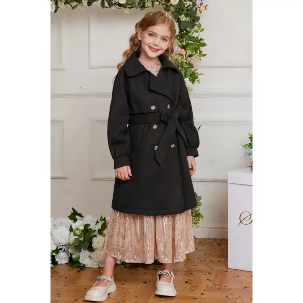 GRACE KARIN Girls Dress Coat Lapel Wool Blend Long Winter Jackets with Pockets Belt 614YBlack