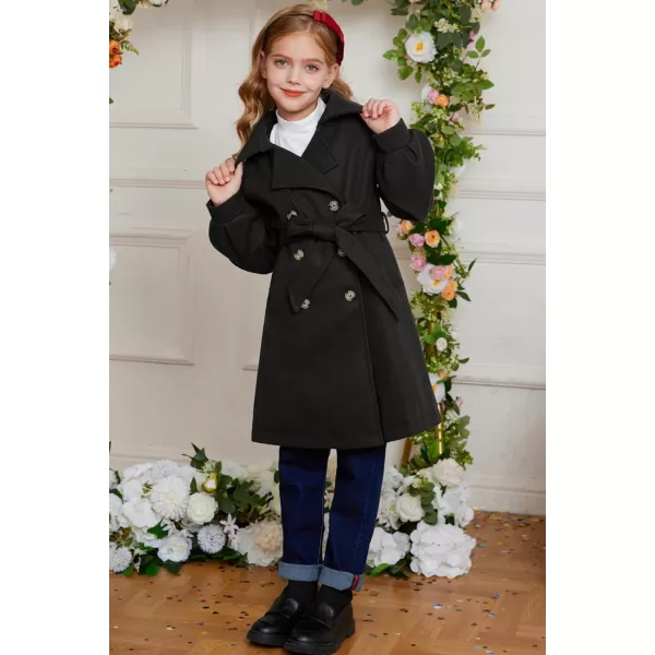 GRACE KARIN Girls Dress Coat Lapel Wool Blend Long Winter Jackets with Pockets Belt 614YBlack