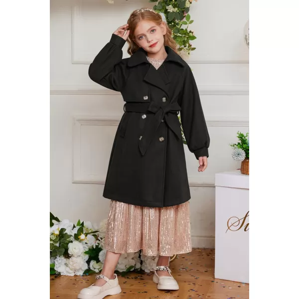 GRACE KARIN Girls Dress Coat Lapel Wool Blend Long Winter Jackets with Pockets Belt 614YBlack