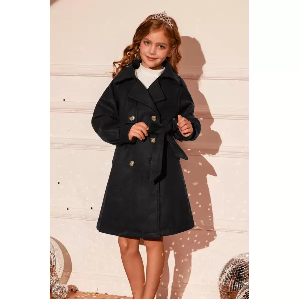 GRACE KARIN Girls Dress Coat Lapel Wool Blend Long Winter Jackets with Pockets Belt 614YBlack