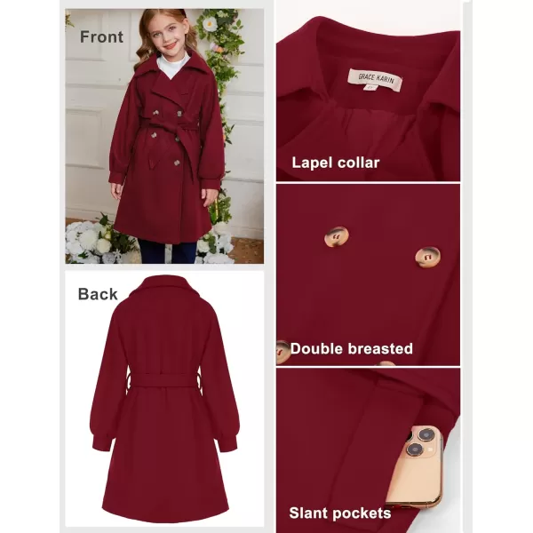 GRACE KARIN Girls Dress Coat Lapel Wool Blend Long Winter Jackets with Pockets Belt 614YBurgundy