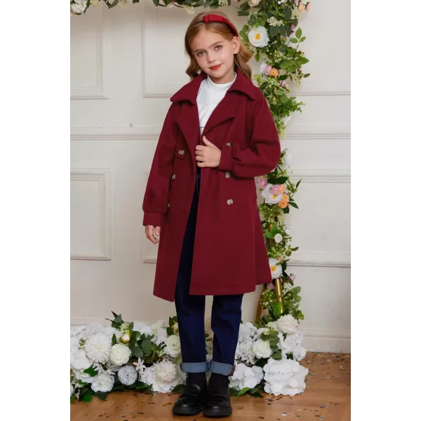 GRACE KARIN Girls Dress Coat Lapel Wool Blend Long Winter Jackets with Pockets Belt 614YBurgundy