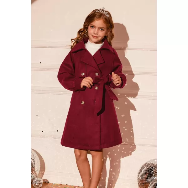 GRACE KARIN Girls Dress Coat Lapel Wool Blend Long Winter Jackets with Pockets Belt 614YBurgundy