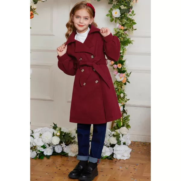 GRACE KARIN Girls Dress Coat Lapel Wool Blend Long Winter Jackets with Pockets Belt 614YBurgundy