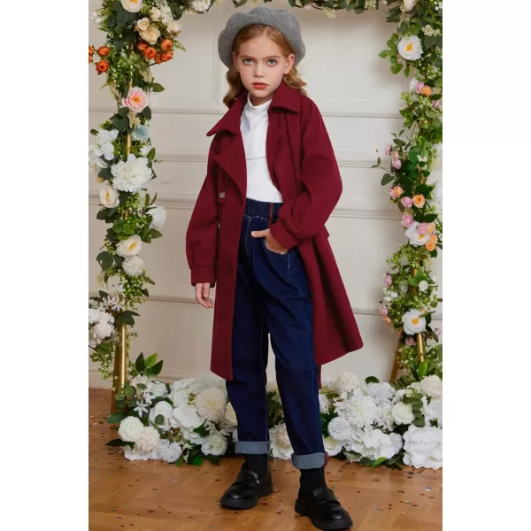 GRACE KARIN Girls Dress Coat Lapel Wool Blend Long Winter Jackets with Pockets Belt 614YBurgundy