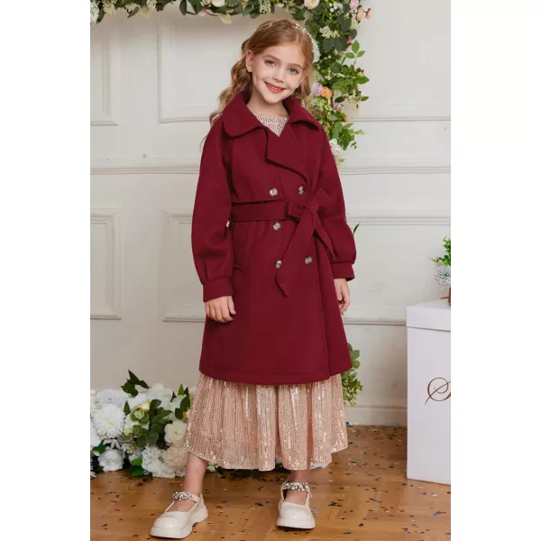 GRACE KARIN Girls Dress Coat Lapel Wool Blend Long Winter Jackets with Pockets Belt 614YBurgundy