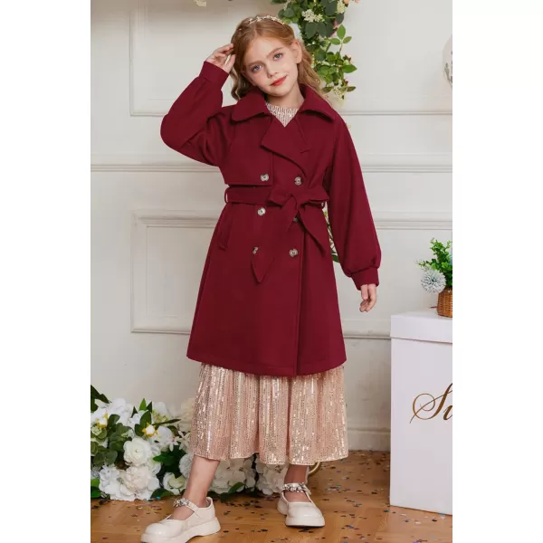 GRACE KARIN Girls Dress Coat Lapel Wool Blend Long Winter Jackets with Pockets Belt 614YBurgundy