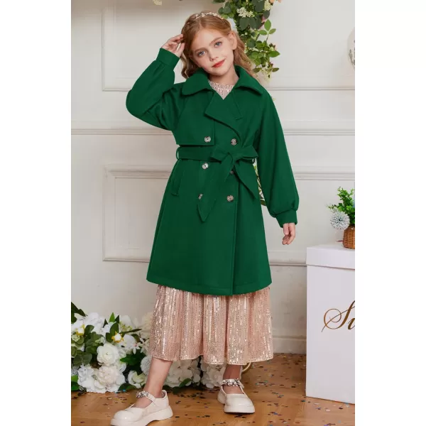 GRACE KARIN Girls Dress Coat Lapel Wool Blend Long Winter Jackets with Pockets Belt 614YGreen