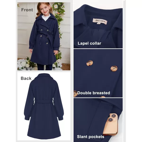 GRACE KARIN Girls Dress Coat Lapel Wool Blend Long Winter Jackets with Pockets Belt 614YNavy Blue