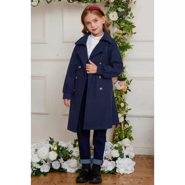 GRACE KARIN Girls Dress Coat Lapel Wool Blend Long Winter Jackets with Pockets Belt 614YNavy Blue