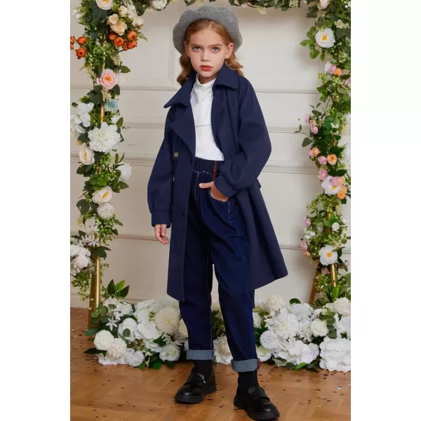 GRACE KARIN Girls Dress Coat Lapel Wool Blend Long Winter Jackets with Pockets Belt 614YNavy Blue