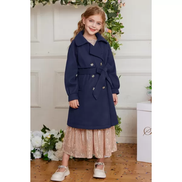 GRACE KARIN Girls Dress Coat Lapel Wool Blend Long Winter Jackets with Pockets Belt 614YNavy Blue