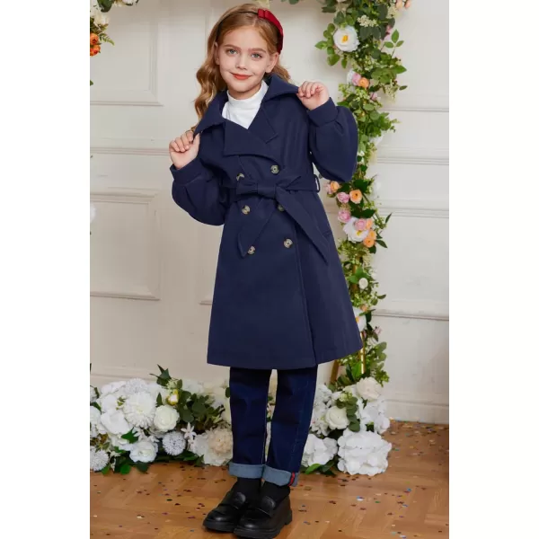 GRACE KARIN Girls Dress Coat Lapel Wool Blend Long Winter Jackets with Pockets Belt 614YNavy Blue