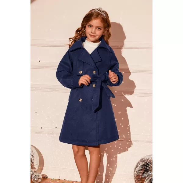 GRACE KARIN Girls Dress Coat Lapel Wool Blend Long Winter Jackets with Pockets Belt 614YNavy Blue