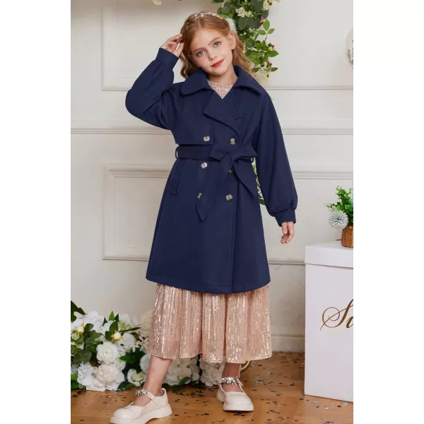 GRACE KARIN Girls Dress Coat Lapel Wool Blend Long Winter Jackets with Pockets Belt 614YNavy Blue