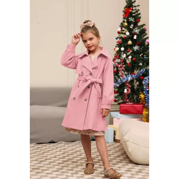 GRACE KARIN Girls Dress Coat Lapel Wool Blend Long Winter Jackets with Pockets Belt 614YPink