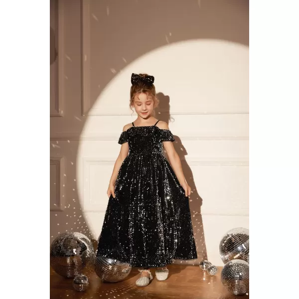 GRACE KARIN Girls Dress Off Shoulder Ruffle Sparkle Sequin Dress with BowKnot 612 YearsBlack