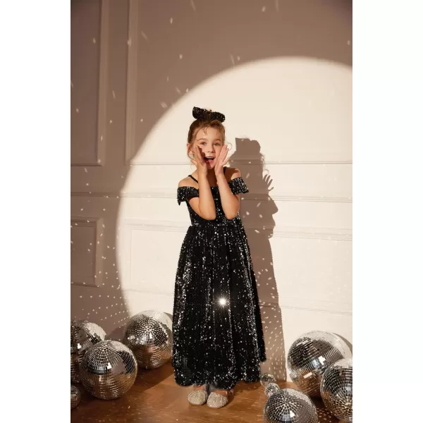 GRACE KARIN Girls Dress Off Shoulder Ruffle Sparkle Sequin Dress with BowKnot 612 YearsBlack